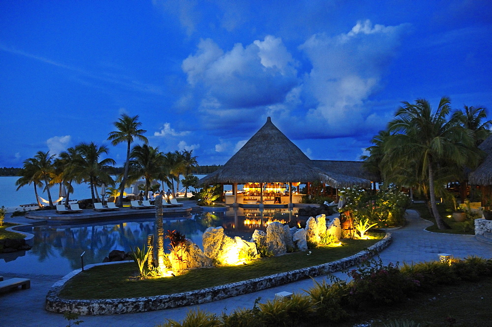 Saint Regis Bora Bora Resort at night, Bora Bora, Society Islands, French Polynesia, Windward Islands, South Pacific