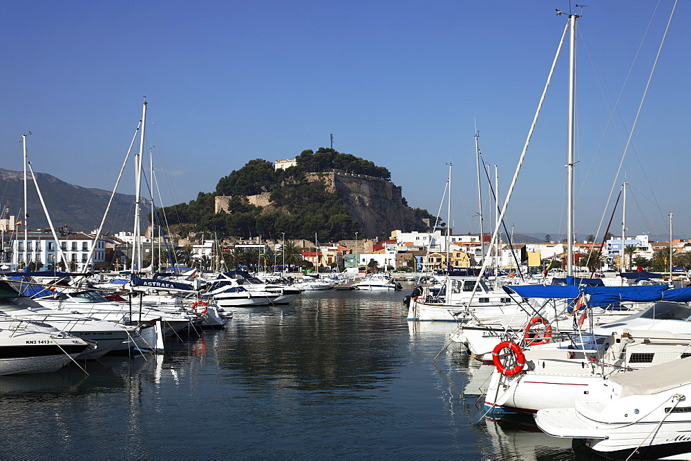 Marina, castle in background, Denia, Alicante, Spain