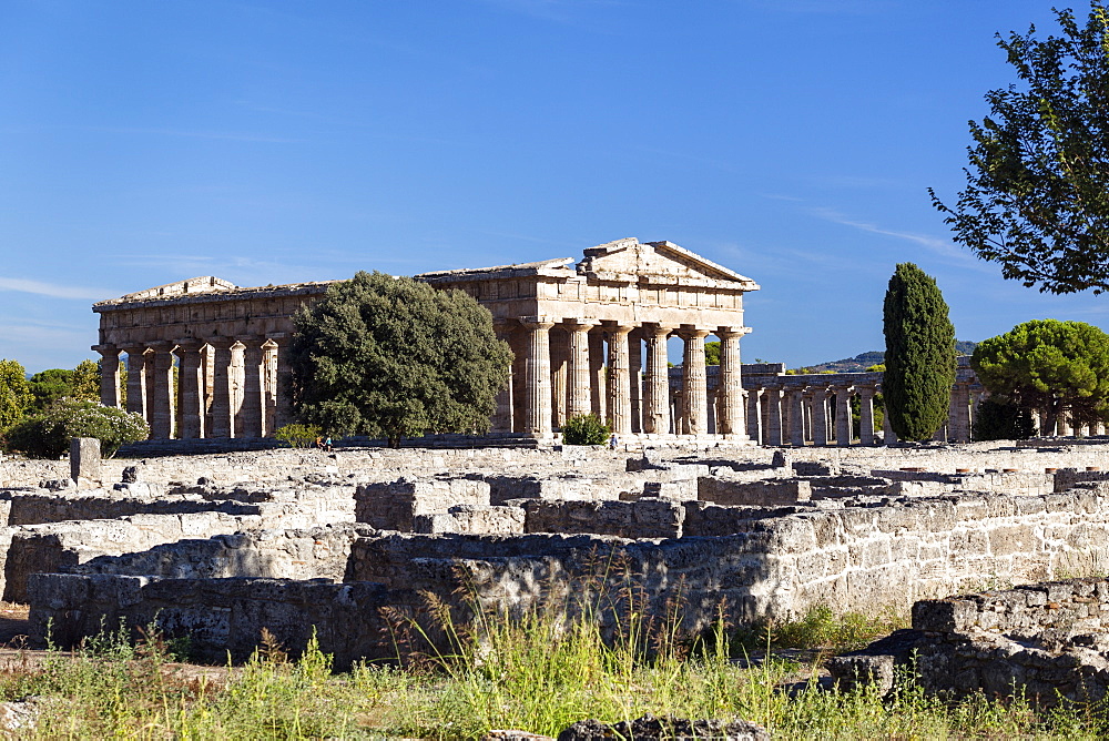 Poseidon Temple, Neptune Temple and Basilica, living quarters, historic town of Paestum in the Gulf of Salerno, Capaccio, Campania, Italy, Europe