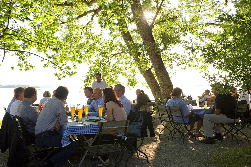 Beer garden near Uebersee, Chiemsee, Chiemgau, Bavaria, Germany