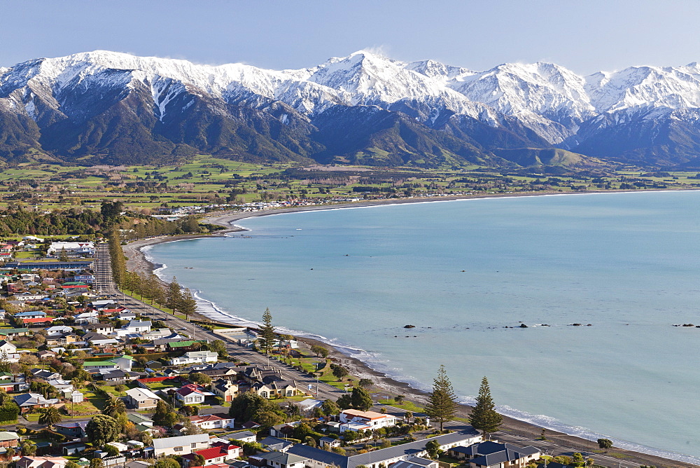 Kaikoura sweeping bay with snowcapped mountains, Kaikoura, East coast, South Island, New Zealand