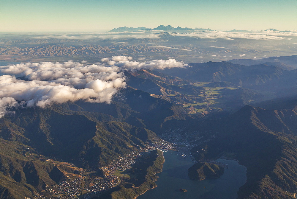 Aerial view of bays and islands near Picton, Marlborough Sounds, South Island, New Zealand