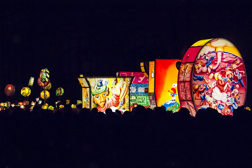 Artistic colourful lanterns lighting the sky, Morgenstraich, Basel Carnival, canton of Basel, Switzerland