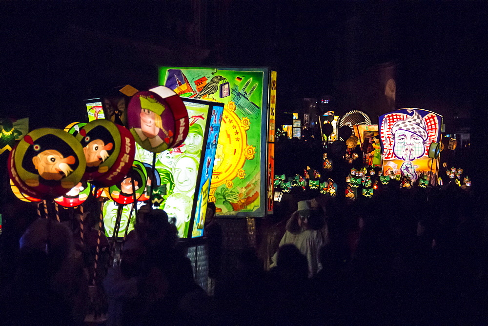 Artistic colourful lanterns lighting the sky, Morgenstraich, Basel Carnival, canton of Basel, Switzerland