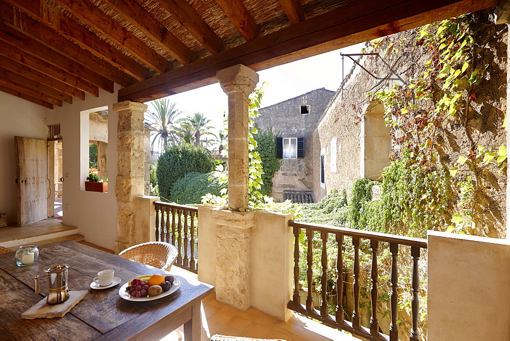 Roofed loggia of apartment Garnacha, Finca Raims, rebuilt vineyard and country hotel, Algaida, Mallorca, Balearic Islands, Spain