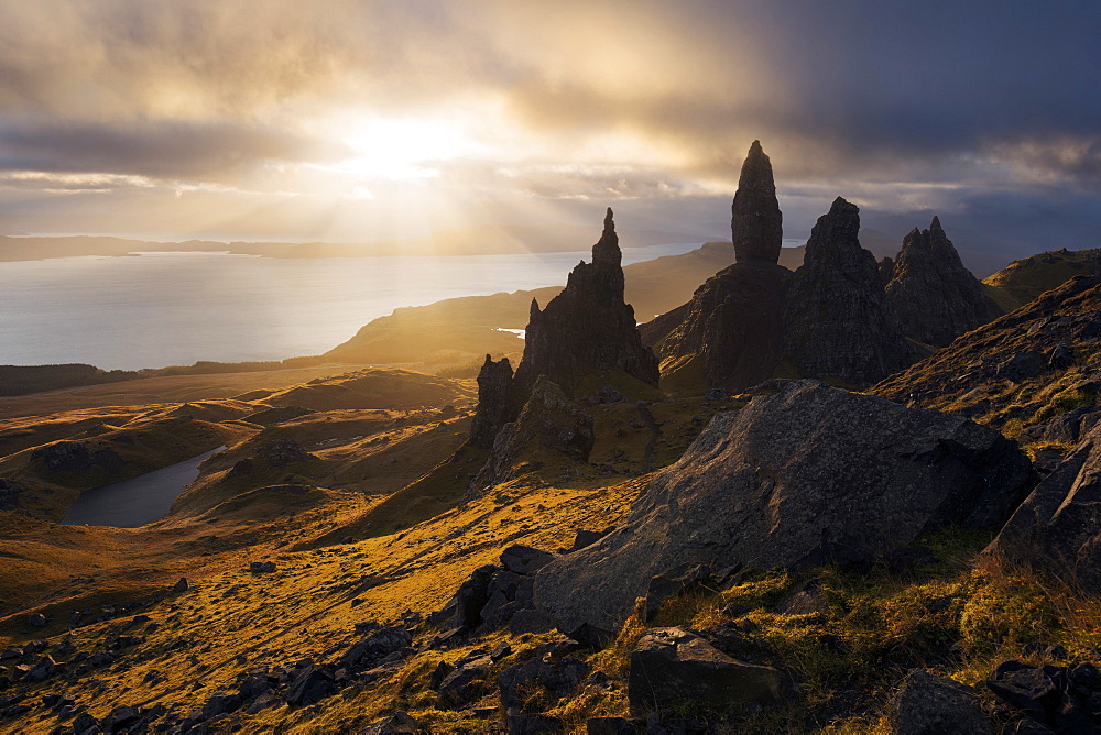 Impressive sunrise above the famous rock formation Old Man of Storr on the northern end of the Isle of Skye, Scotland, United Kingdom