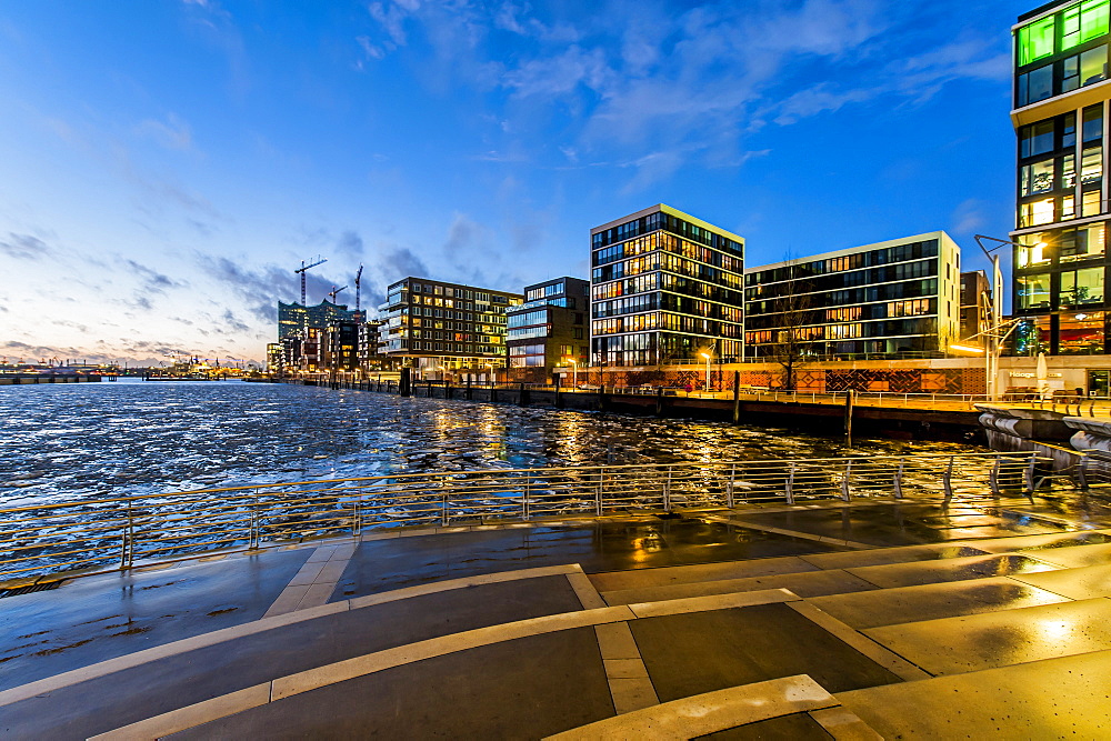 Twilight at Marco-Polo-terrace in Hafencity, Hamburg, Germany