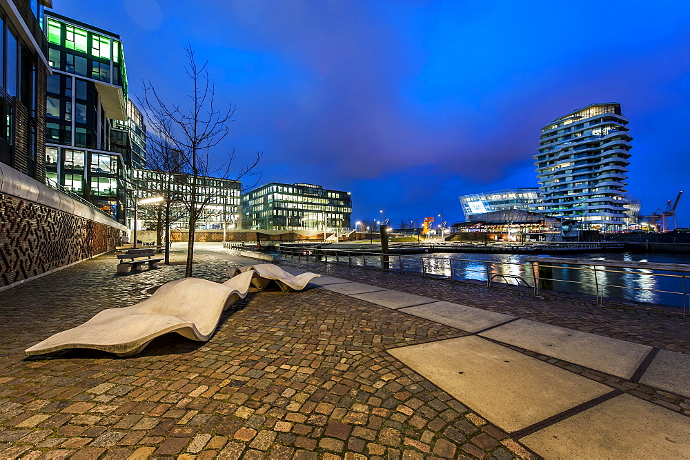 Twilight at Marco-Polo-terrace and Marco-Polo-tower at Hafencity, Hamburg, Germany