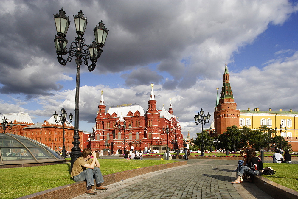 Manege square, the State historic museum and Arsenal Tower, Moscow, Russia