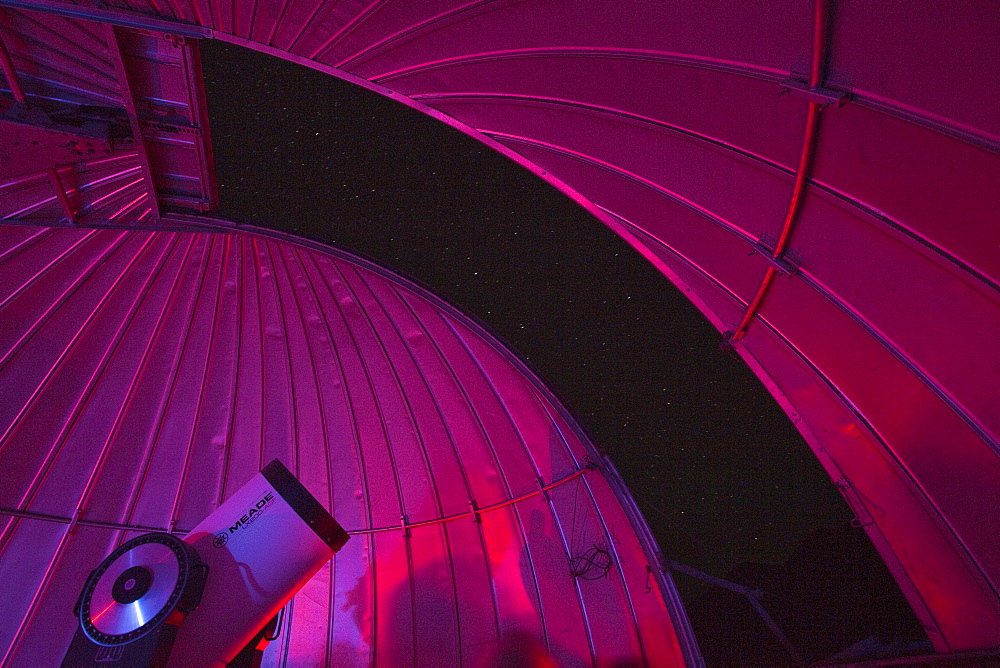 Telescope in the Mamalluca Observatory and stars in clear night sky, near Coquimbo, Coquimbo, Chile