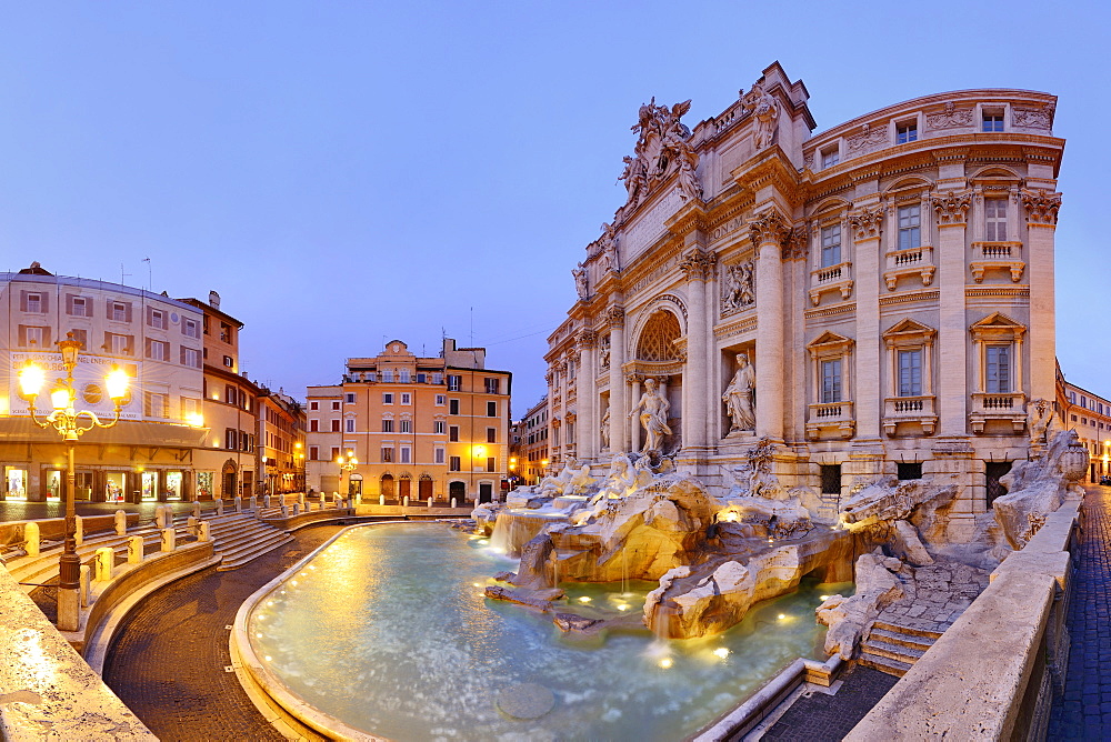 Panorama of Trevi fountain, Fontana di Trevi, illuminated, Rome, UNESCO World Heritage Site Rome, Latium, Lazio, Italy