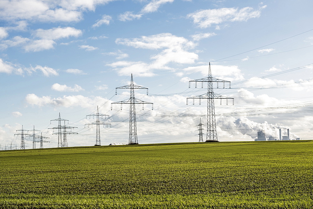 Power poles and coal power station Neurath near Grevenbroich, North Rhine-Westphalia, Germany