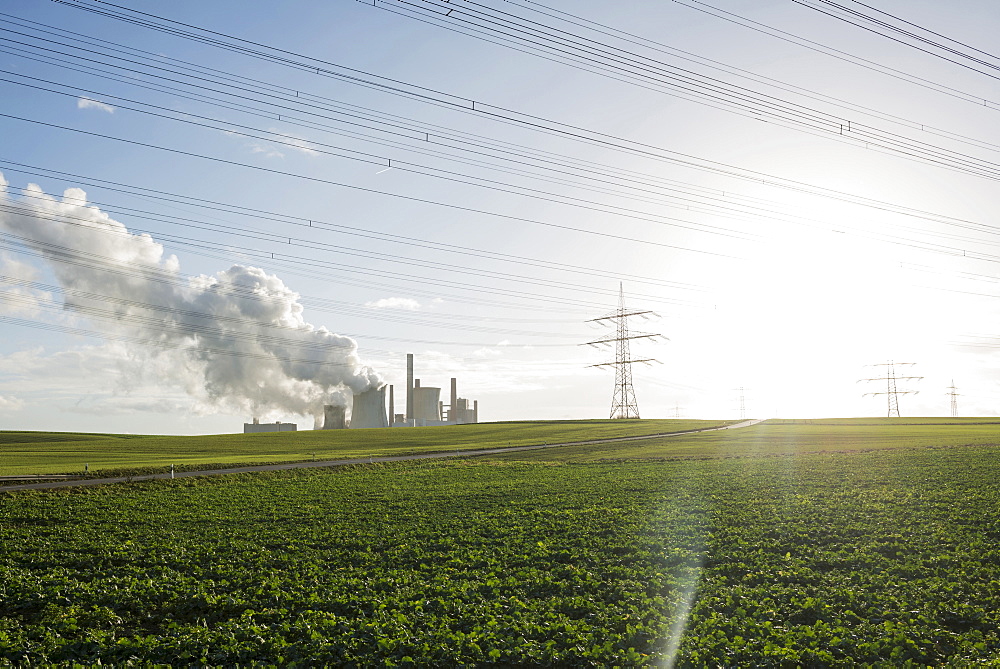 Power poles and coal power station Neurath near Grevenbroich, North Rhine-Westphalia, Germany