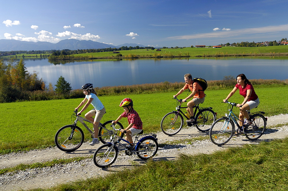 Family on a bike tour at lake Riegsee, near Murnau, Upper Bavaria, Bavaria, Deutschland