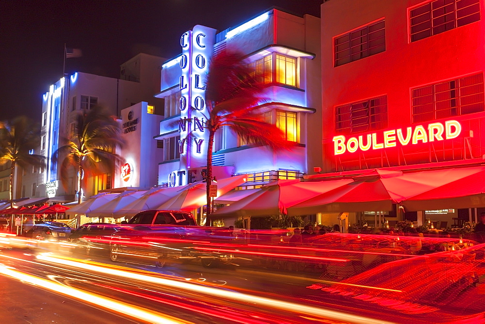 Ocean Drive at night with design hotel Colony, Art Deco District, South Beach, Miami, Florida, USA