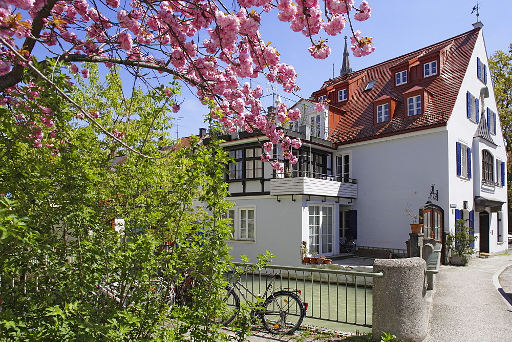 Guesthouse in the sunlight in spring, Mondstrasse, Untergiesing, Munich, Bavaria, Germany