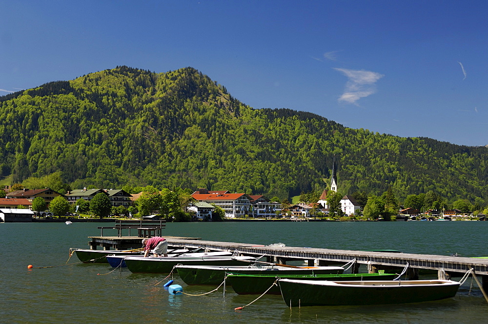 Boat hire and wooden pier at lake Tegernsee, Upper Bavaria, Bavaria, Germany