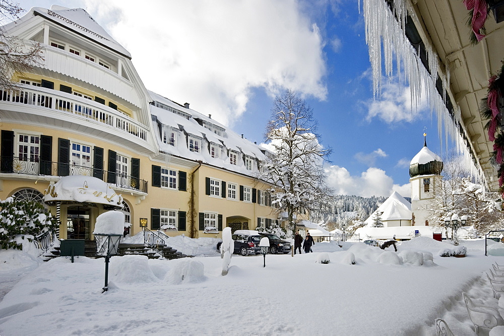 Hotel Adler and church, Hinterzarten, Black Forest, Baden-Wuerttemberg, Germany