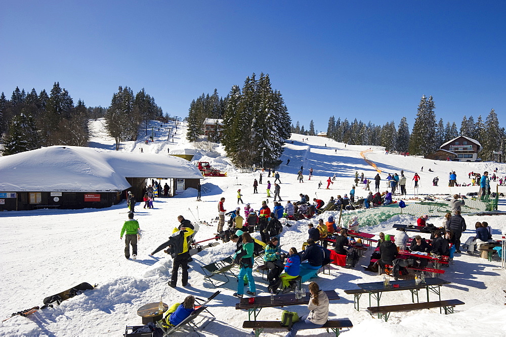 Ski area with restaurant, Feldberg, Black Forest, Baden-Wuerttemberg, Germany