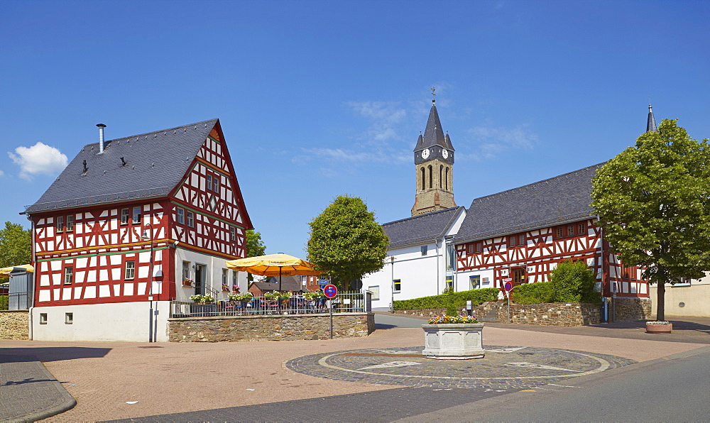 Half-timbered house in Elz with CafÃ©, Westerwald, Hesse, Germany, Europe