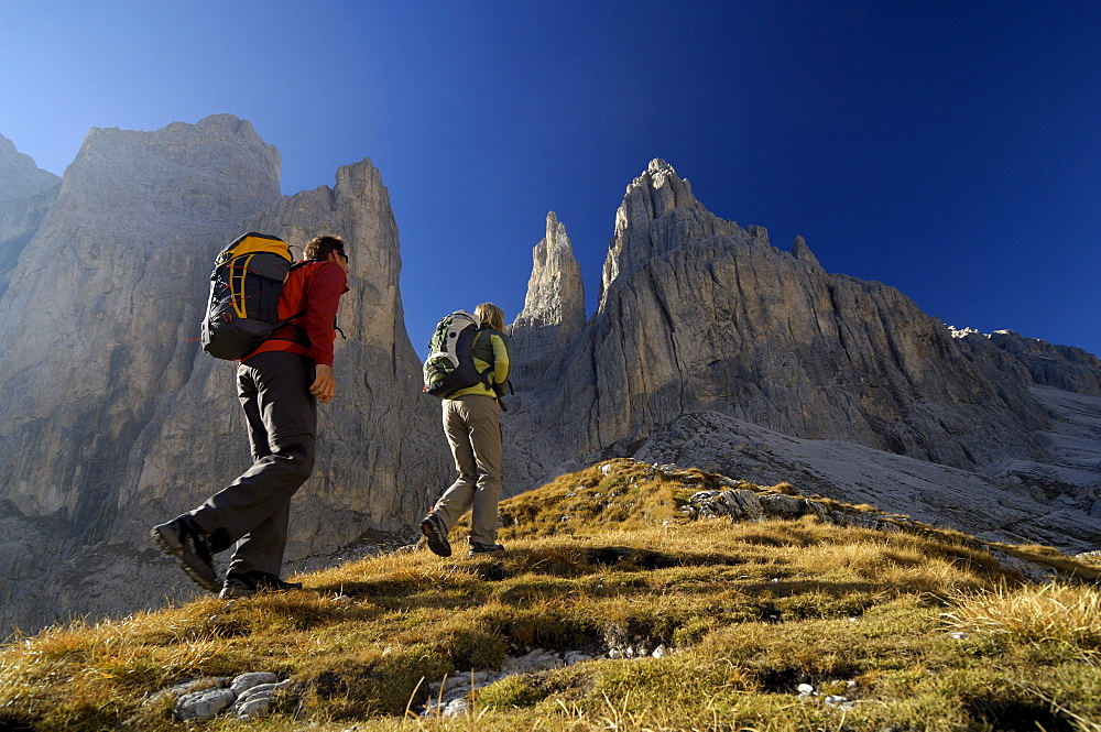 Couple hiking in the mountains, Val di Fassa, Rosengarten, Dolomites, Trento, South Tyrol, Italy