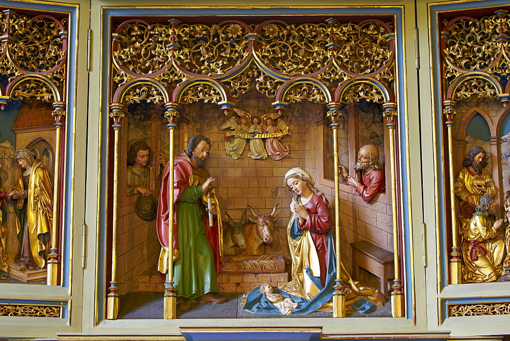 Altar in St. Johannes der Taeufer church, 13th century, Waldbrunn - Lahr, Westerwald, Hesse, Germany, Europe