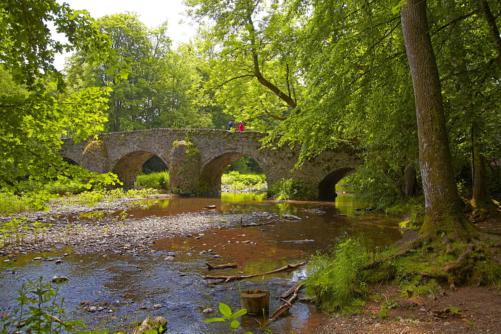 View of the old stone bridge across the river Grosse Nister, Nistertal, Abtei Marienstatt, Westerwald, Rhineland-Palatinate, Germany, Europe