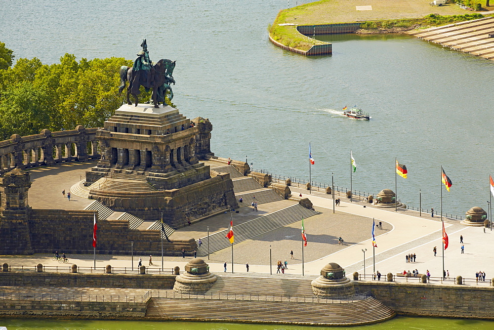 Deutsches Eck with equestrian statue of Wilhelm I., Koblenz, Confluence of Rhine and Mosel, Rhineland-Palatinate, Germany, Europe