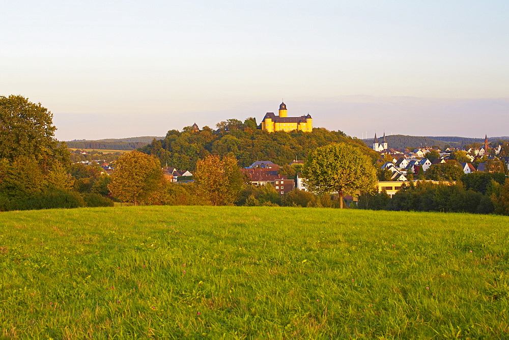 Montabaur castle, Academy of German Cooperative Banks and the church of St. Peter in Ketten, Montabaur, Westerwald, Rhineland-Palatinate, Germany, Europe