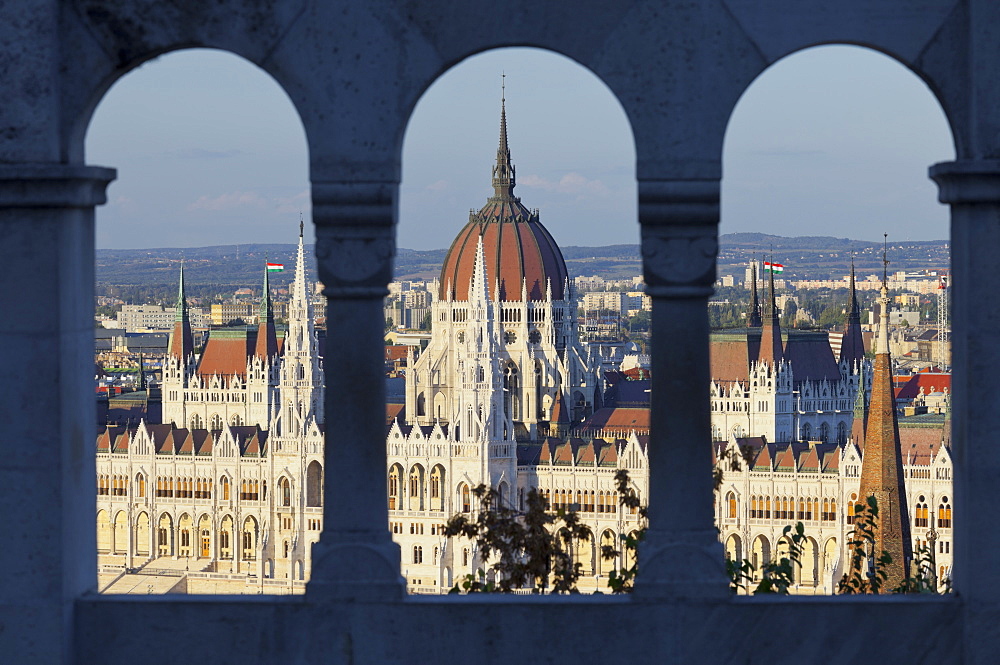 View from the Fishermens Basion onto the Parliamentm, Lajos Kossuth Square, Danube, Budapest, Hungary