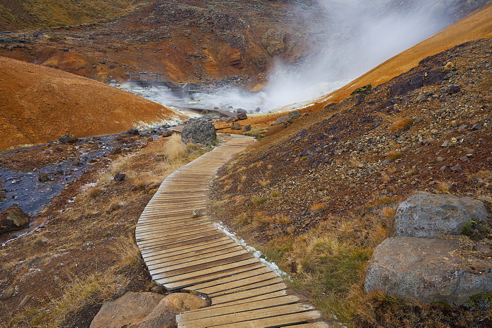 Wooden platform leading to the fumarole, Krisuvik, Reykjanes, Iceland