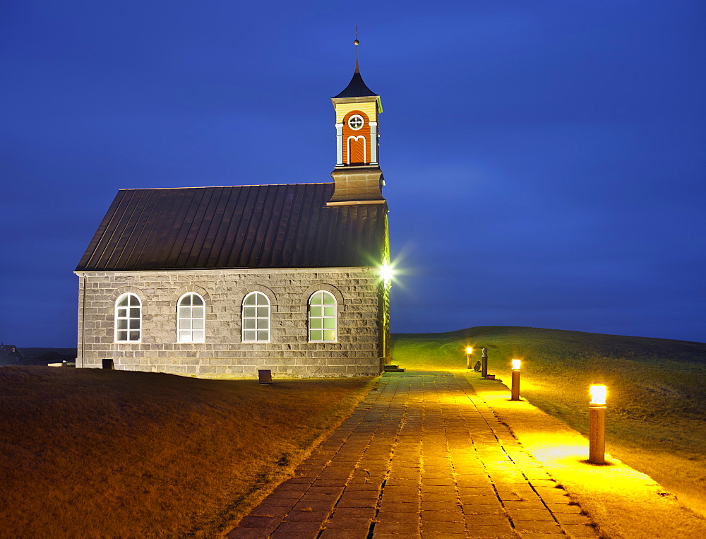 Hvalneskirkja church in the evening light, Reykjanes, Island