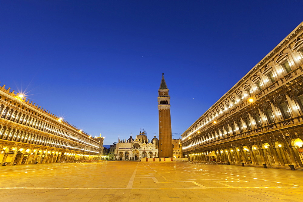 Campanile and St Marks Square at night, San Marco, Venice, Italy