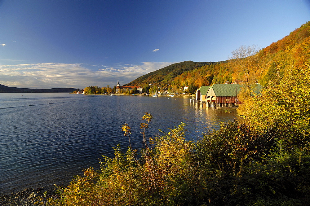 View over Lake Tegernsee towards Kloster Tegernsee, Bavaria, Germany, Europe