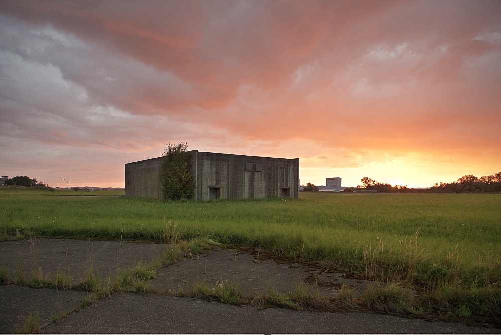 Sunset at a bunker, Fliegerhorst - former military airbase, Leipheim near Guenzburg, Swabia, Bavaria, Germany