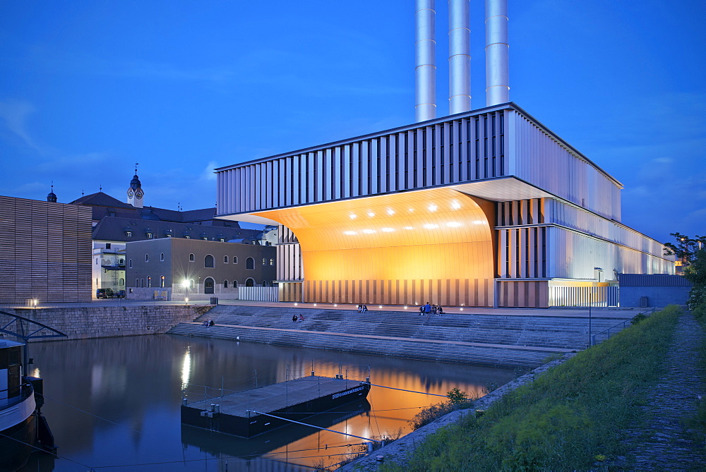 Heating plant at night, Wuerzburg, Franconia, Bavaria, Germany, architect Brueckner and Brueckner