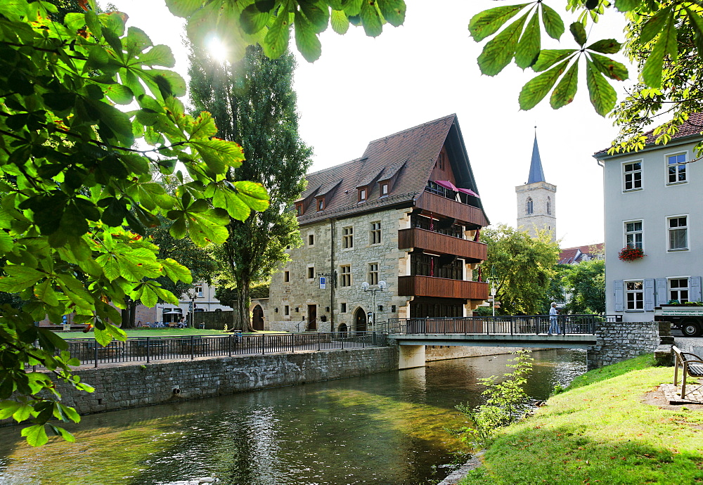 Haus Zur Steinecke, former University Hospital, Horngasse, Aegidien Church in the background, Erfurt, Thuringia, Germany