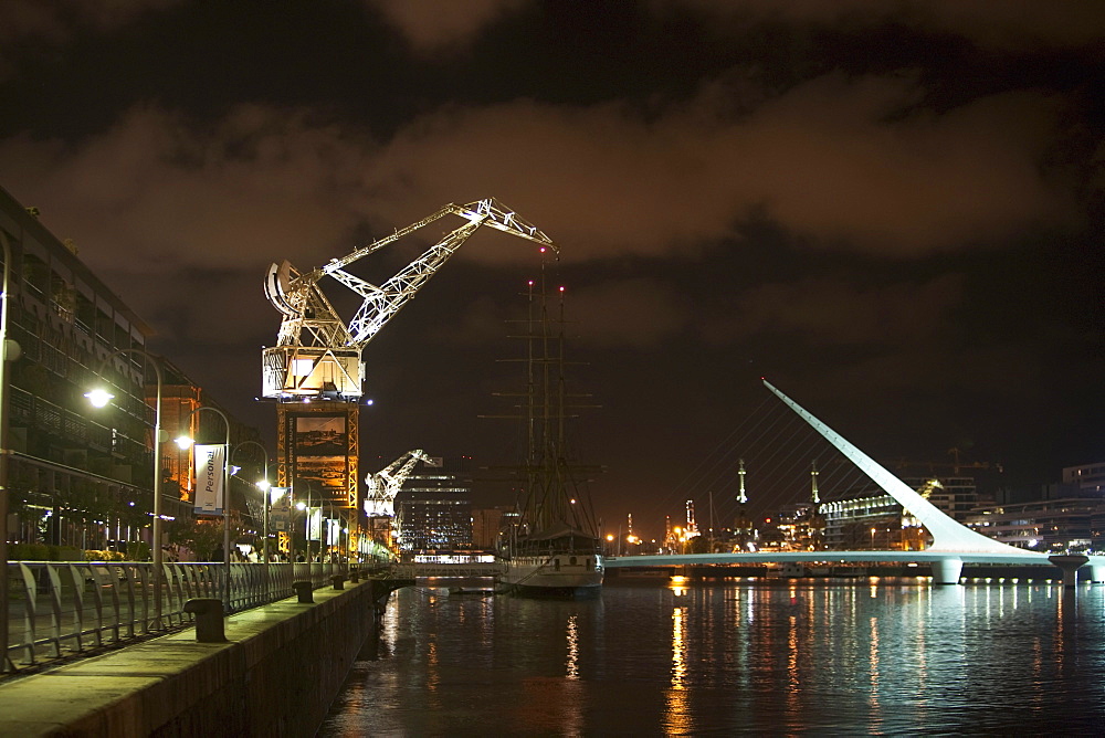 Santiago Calatrava's Puente de La Mujer (Women's Bridge) in Puerto Madero at night, Buenos Aires, Capital Federal, Argentina