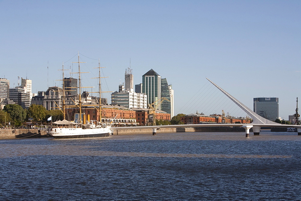 Frigate Presidente Sarmiento Boat-Museum and Santiago Calatrava's Puente de La Mujer (Women's Bridge) in Puerto Madero, Buenos Aires, Capital Federal, Argentina