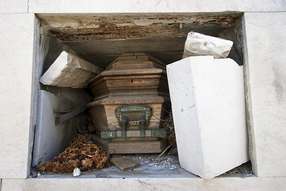 Coffin in abandoned niche at the Cementerio de la Recoleta, Buenos Aires, Capital Federal, Argentina