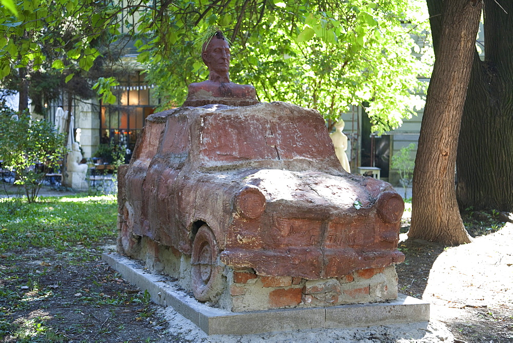 Modern Trabant sculpture in the gardens behind the National Art Gallery, Sofia, Bulgaria