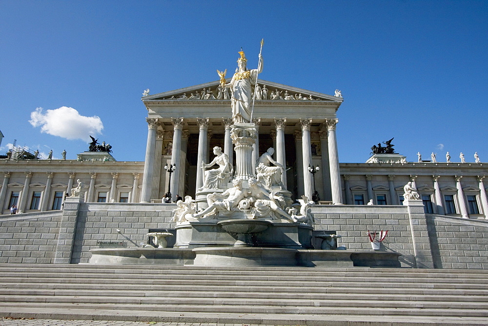 Pallas Athena statue in the Athenenbrunnen fountain in front of the Parliament building, Vienna (Wien), Austria