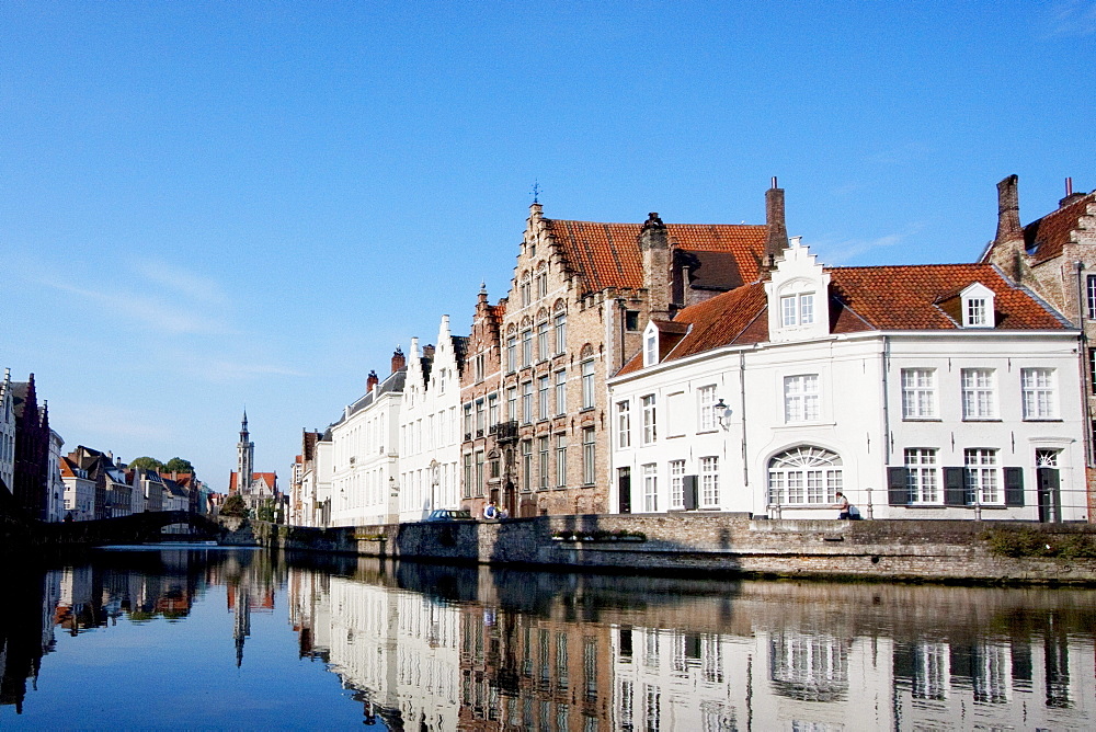 Buildings in the Hanseatic Quarter, as seen from a canal, Bruges (Brugge), West Flanders, Belgium