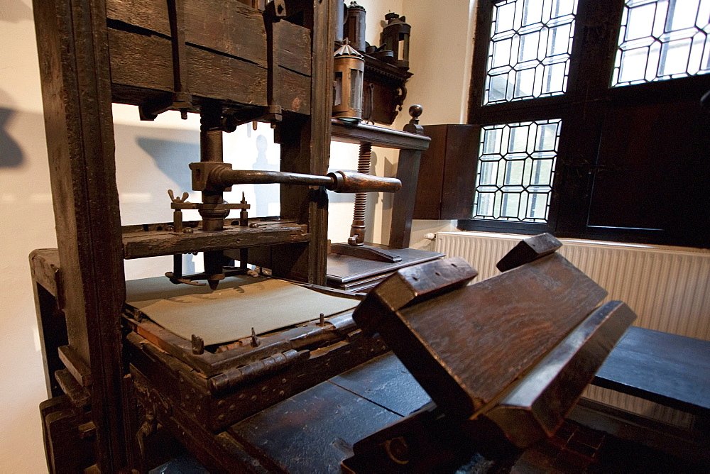 Two of the world's oldest printing presses on display in the printing room of the Plantin-Moretus House-Workshops-Museum, Antwerp, Belgium