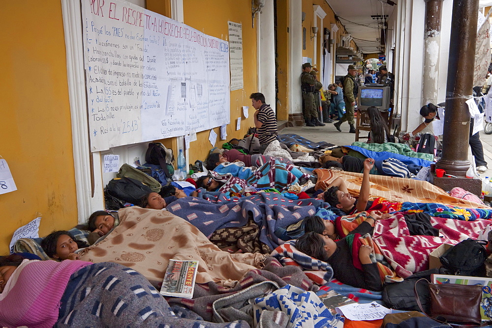 Students staging a hunger strike in front of the Prefectura, Cochabamba, Bolivia