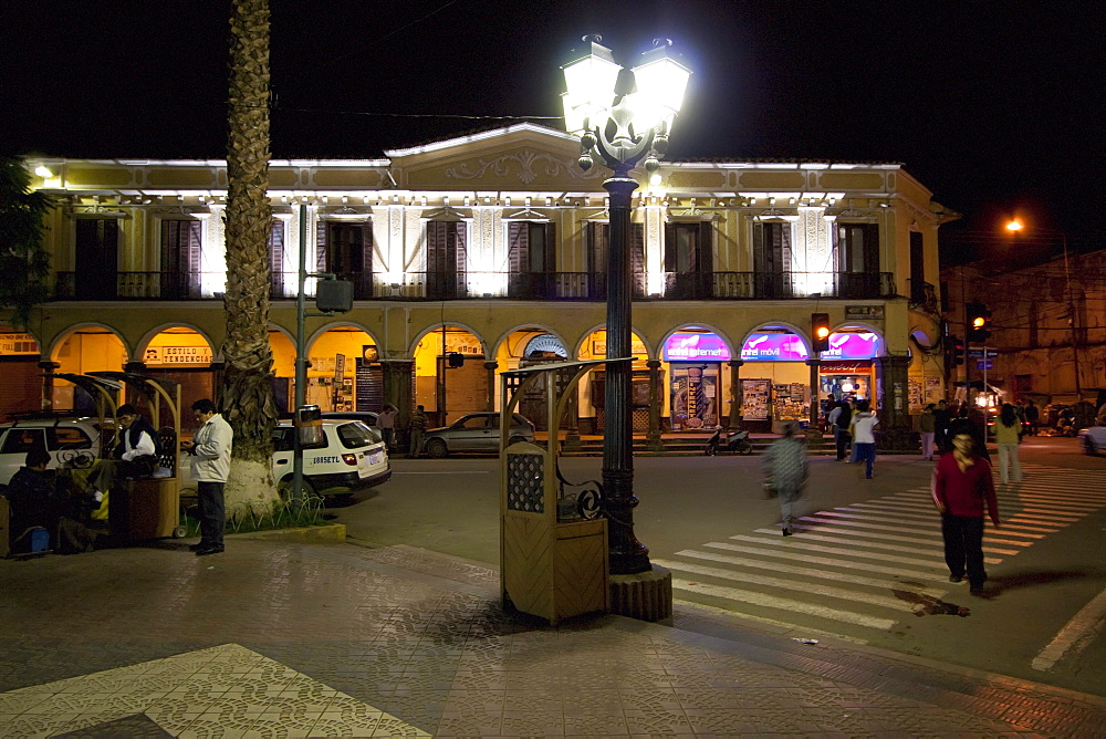 Arcade around Plaza 14 de Septiembre at night, Cochabamba, Bolivia