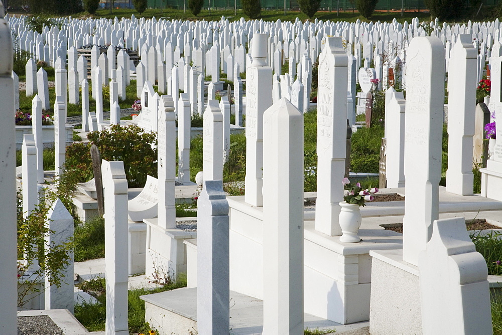 Kosevo Cemetery was built during the war on the site of former football practice pitches of Sarajevo, Bosnia & Herzegovina. The citizens of Sarajevo needed a place to bury the dead, hence this cemetery came to being; practically all the death years are similar.