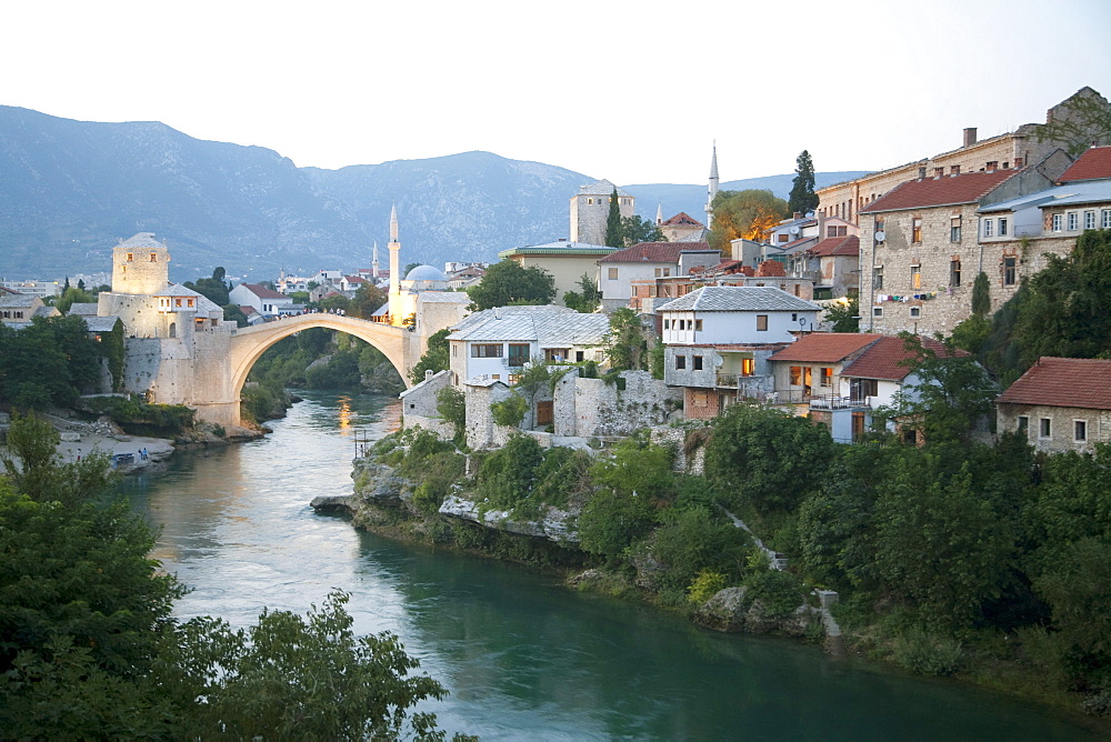 Old Bridge (Stari Most) over the Neretva River at dusk, Mostar, Herzegovina-Neretva, Bosnia & Herzegovina