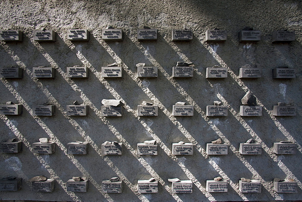 Stones placed on the Holocaust Memorial Wall surrounding the Old Jewish Cemetery, Frankfurt am Main, Germany