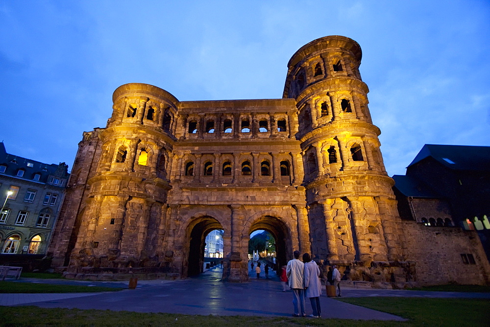 Porta Nigra Roman gateway at night, Trier, Rhineland-Palatinate, Germany